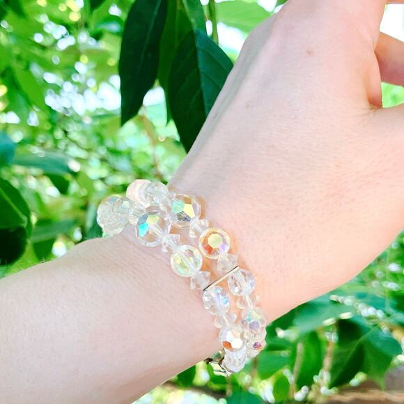 VTG Mid Century AB Crystal Double Strand Bracelet with Filigree Clasp 1950s - Picture 3 of 12